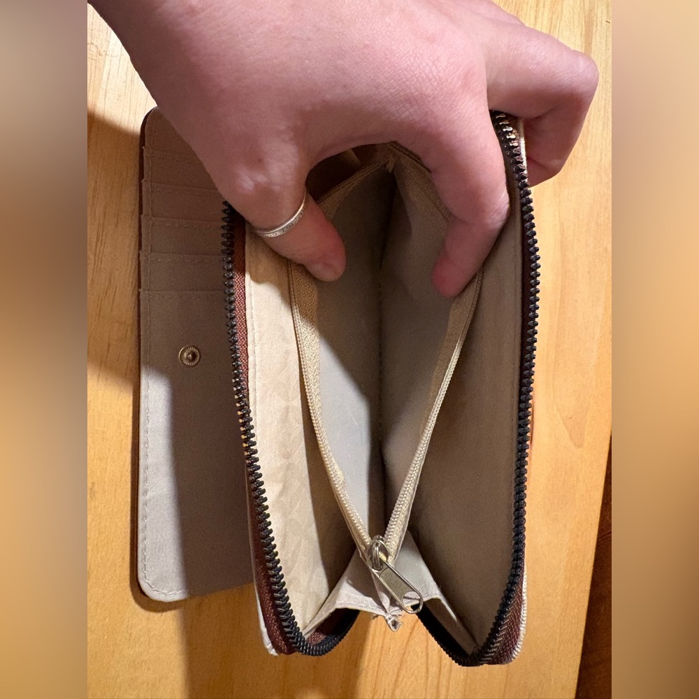 Neutral Stripe Zip Around Wallet Brown Trim Canvas Clutch - Picture 6 of 8